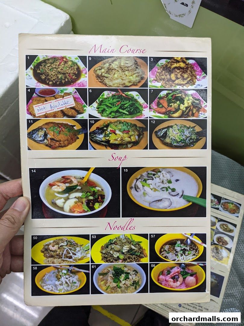 A menu from Korat Thai Cafe featuring main courses, soups, and noodles with images of dishes.
