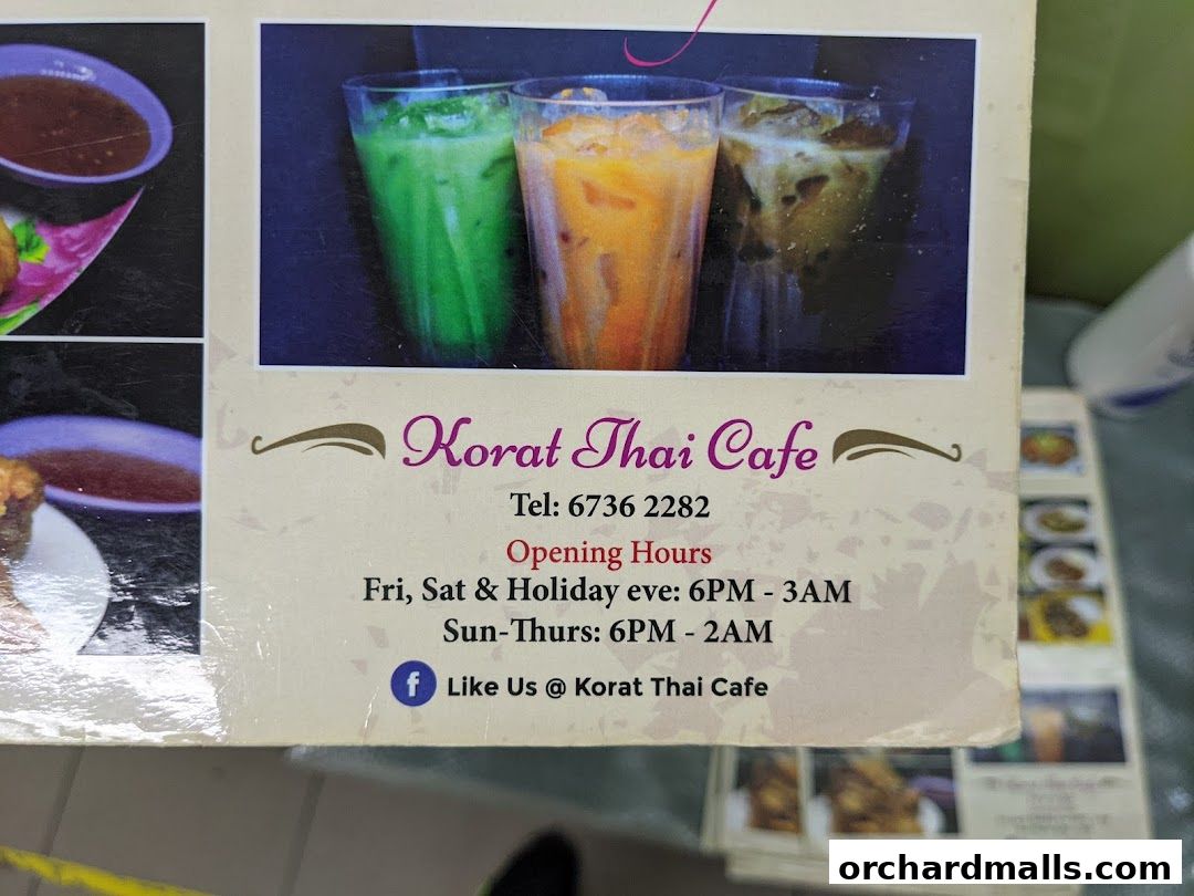 A flyer for Korat Thai Cafe showcasing drinks and contact information.
