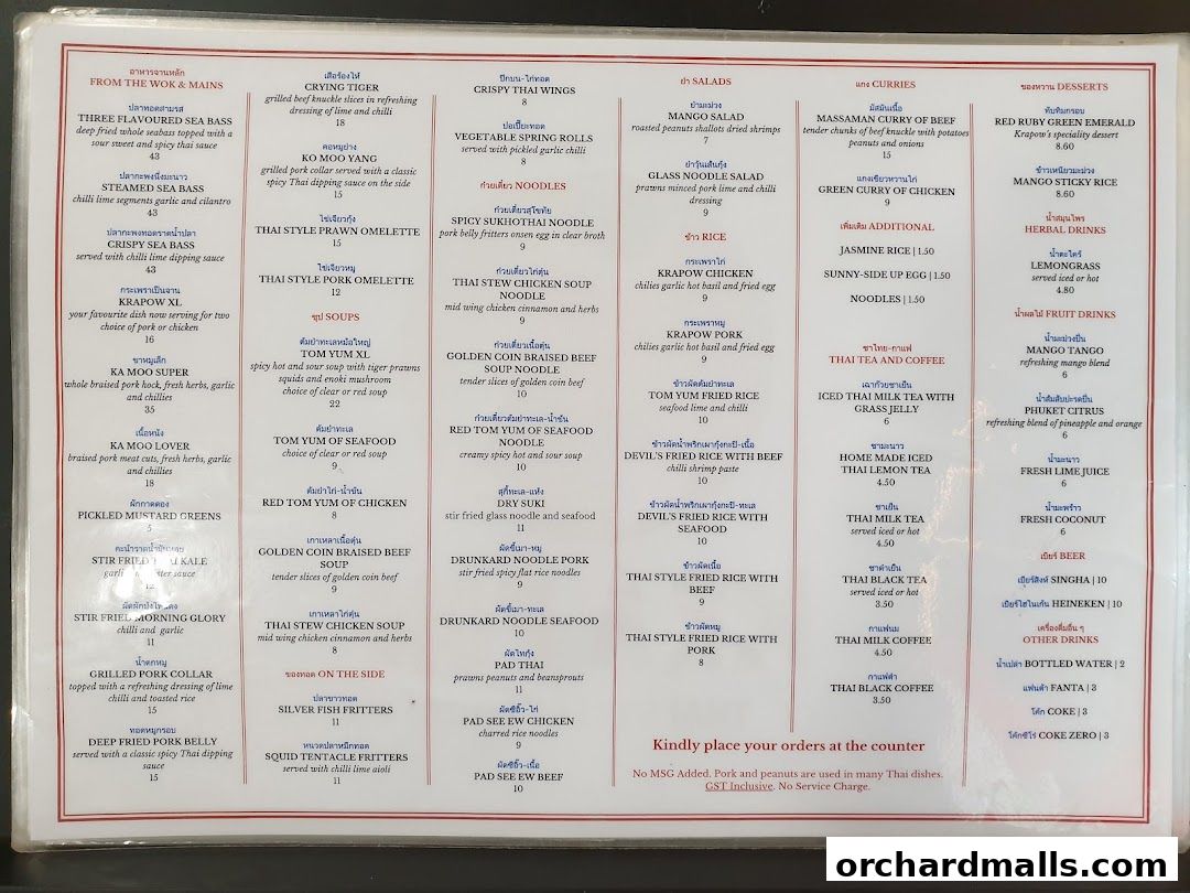 Menu page for Kra pow Thai Restaurant