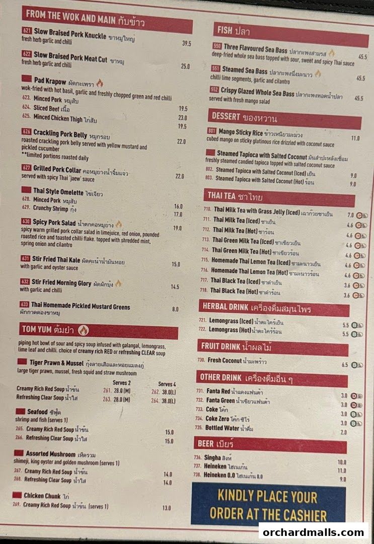 Menu page for Kra pow Thai Restaurant