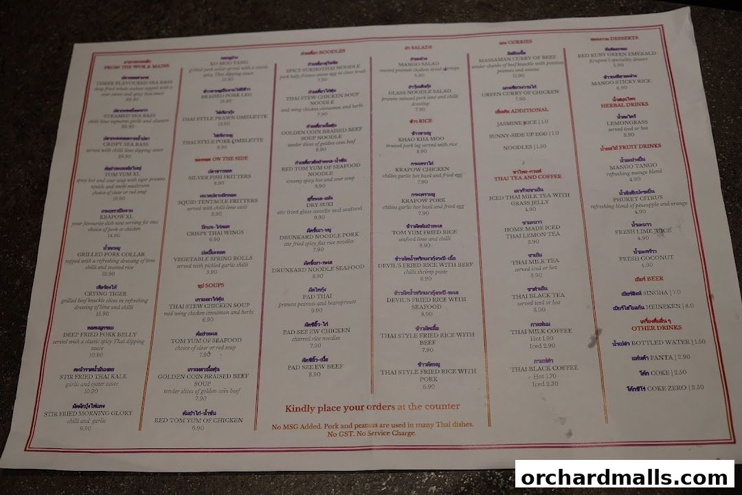 Menu page for Kra pow Thai Restaurant