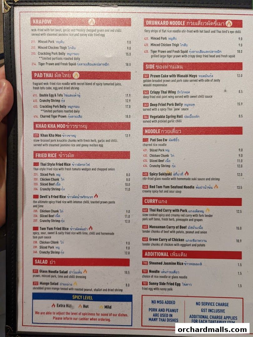 Menu page for Kra pow Thai Restaurant
