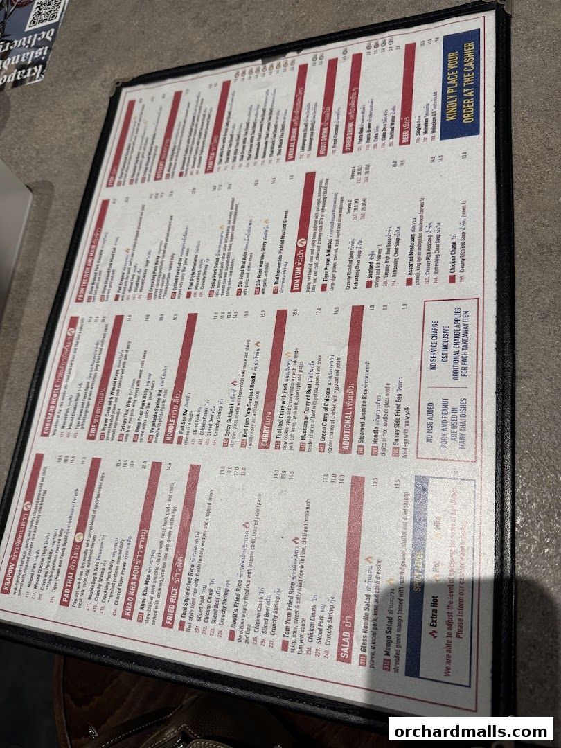 Menu page for Kra pow Thai Restaurant