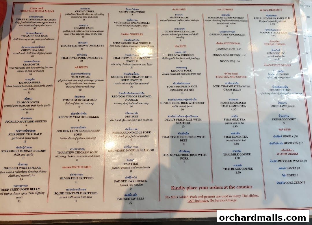 Menu page for Kra pow Thai Restaurant