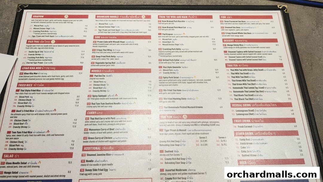 Menu page for Kra pow Thai Restaurant