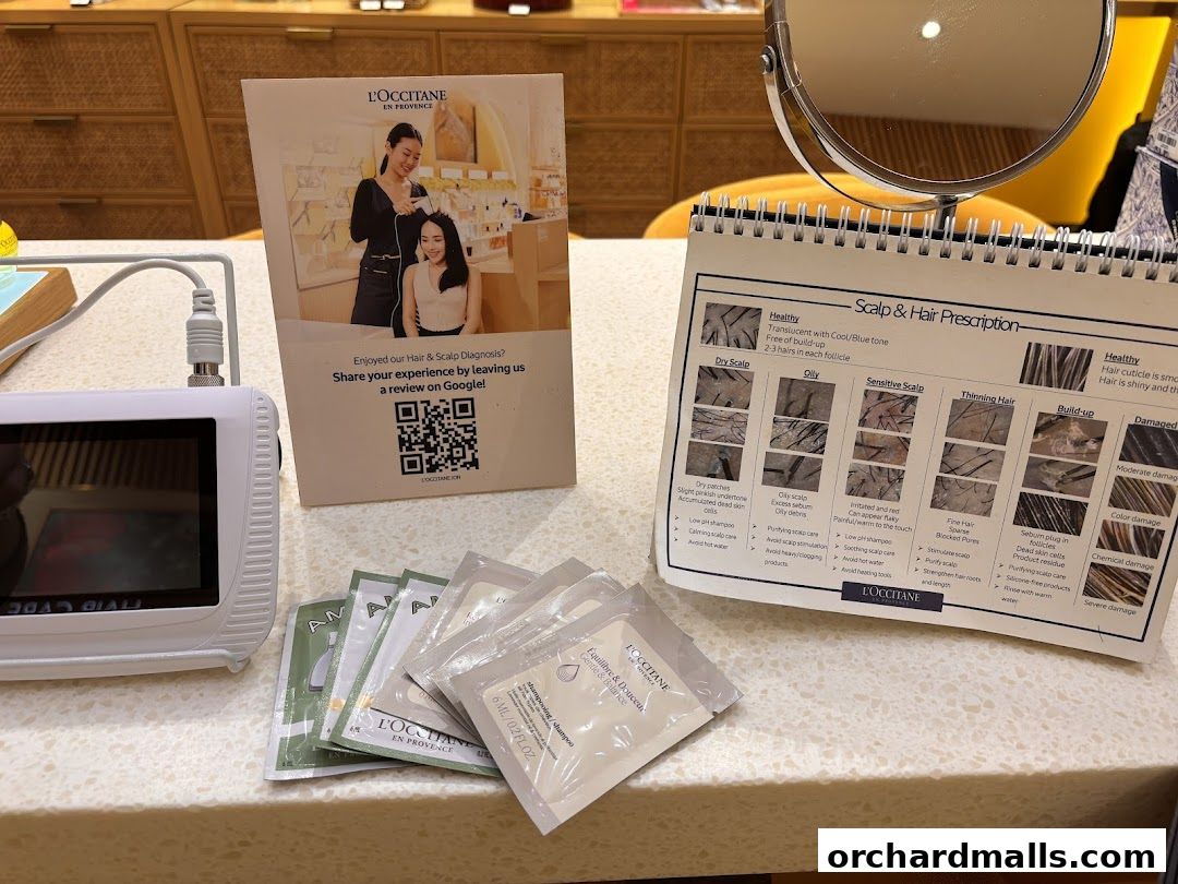 L'Occitane shop display featuring hair and scalp diagnosis tools and samples.