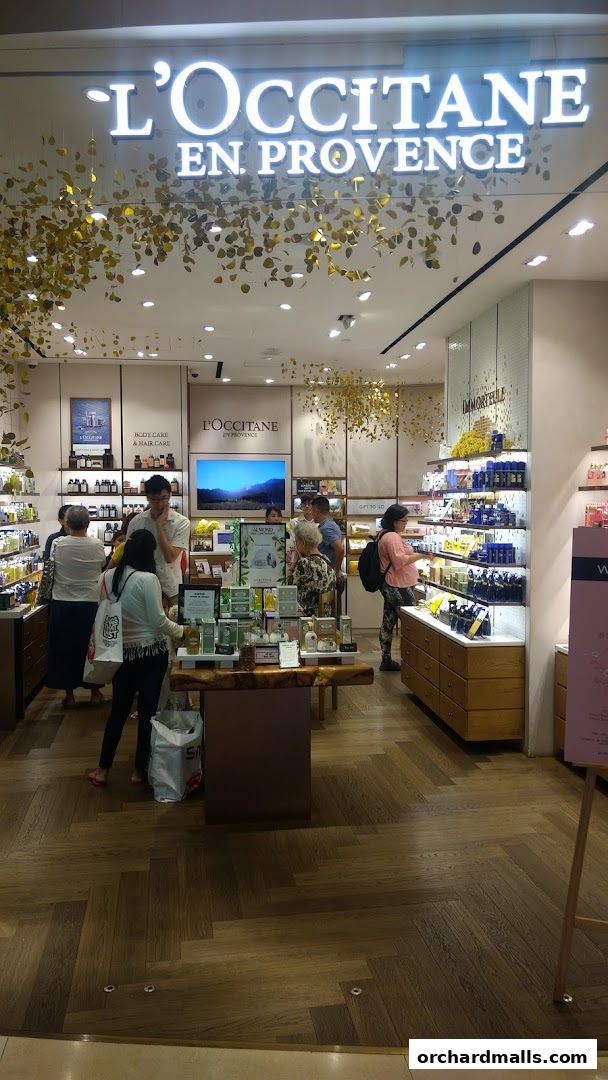 Customers browsing L'Occitane en Provence store with products displayed on shelves and a central wooden table.