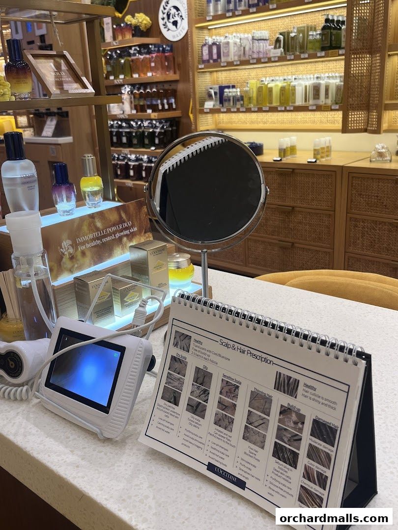 A L'Occitane store display featuring skincare products and a scalp analysis chart.