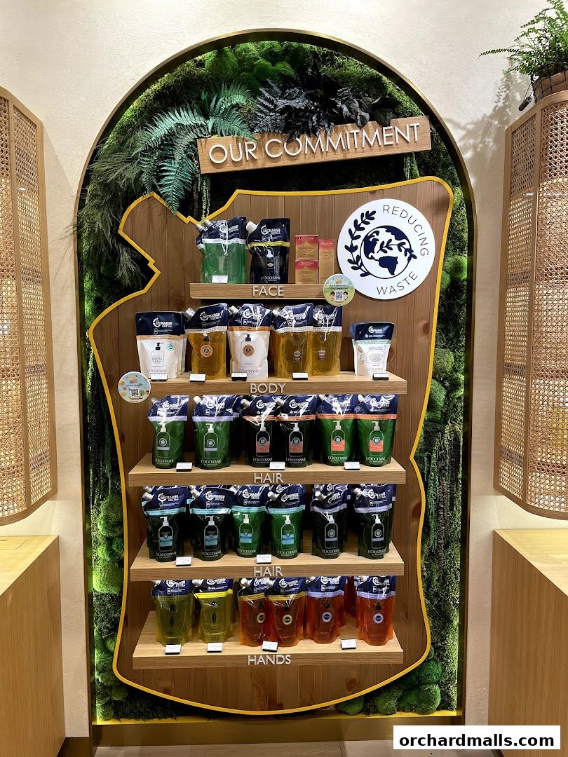 L'Occitane shop display featuring refill pouches for face, body, hair, and hands.