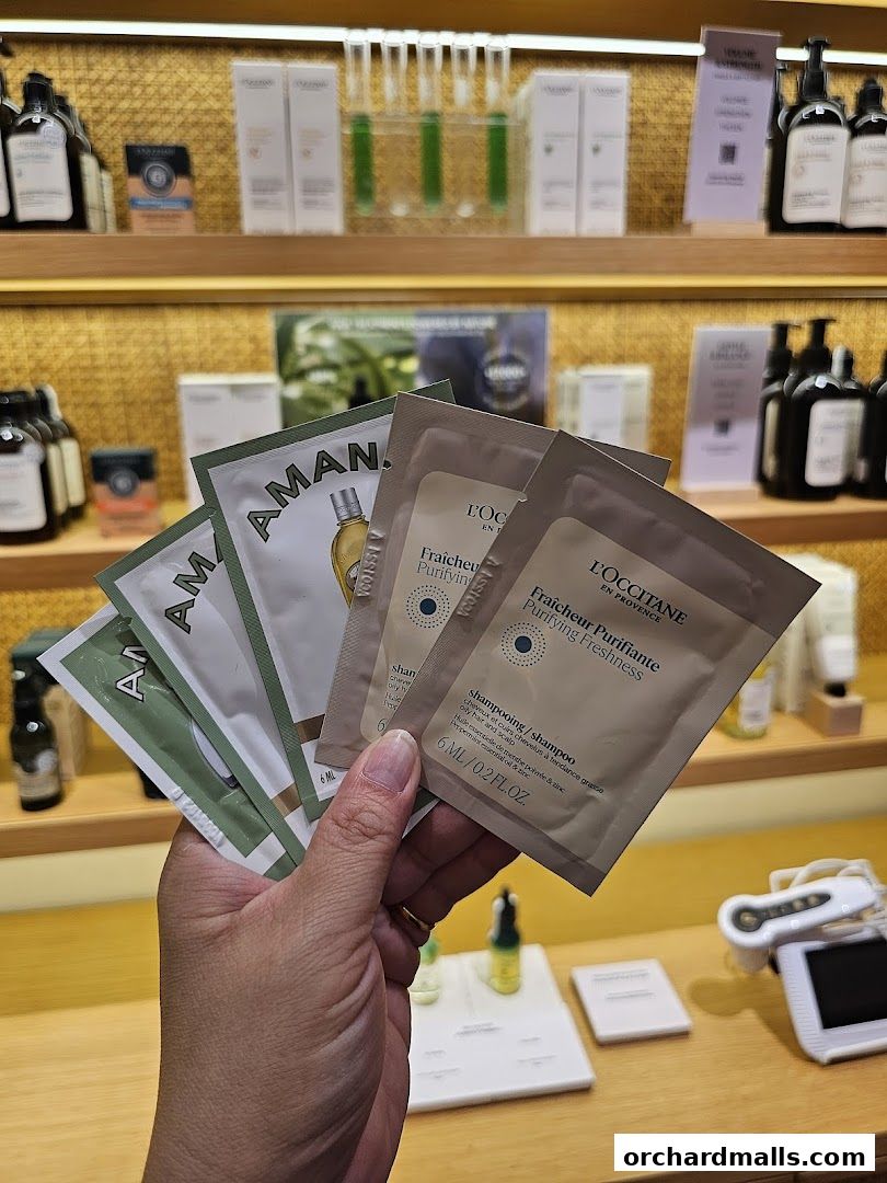 A hand holds several sample sachets of L'Occitane shampoo and hair products.