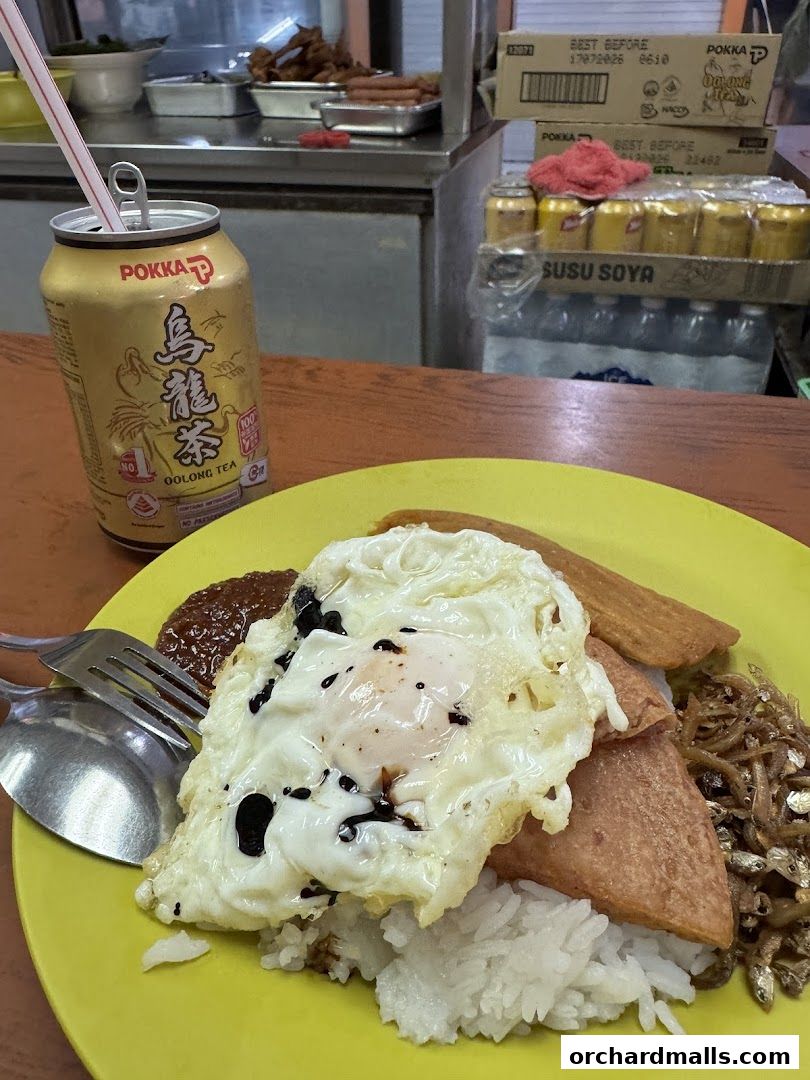 A plate of Nasi Lemak with a fried egg, sambal, and a can of Oolong tea.