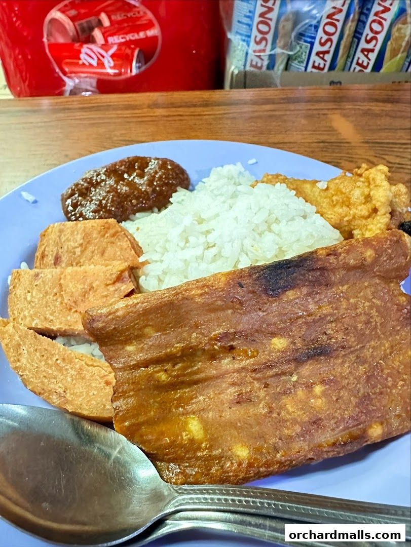 A plate of nasi lemak with various side dishes and a spoon.