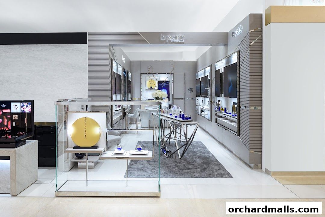 Luxurious La Prairie beauty store interior with elegant displays and products.