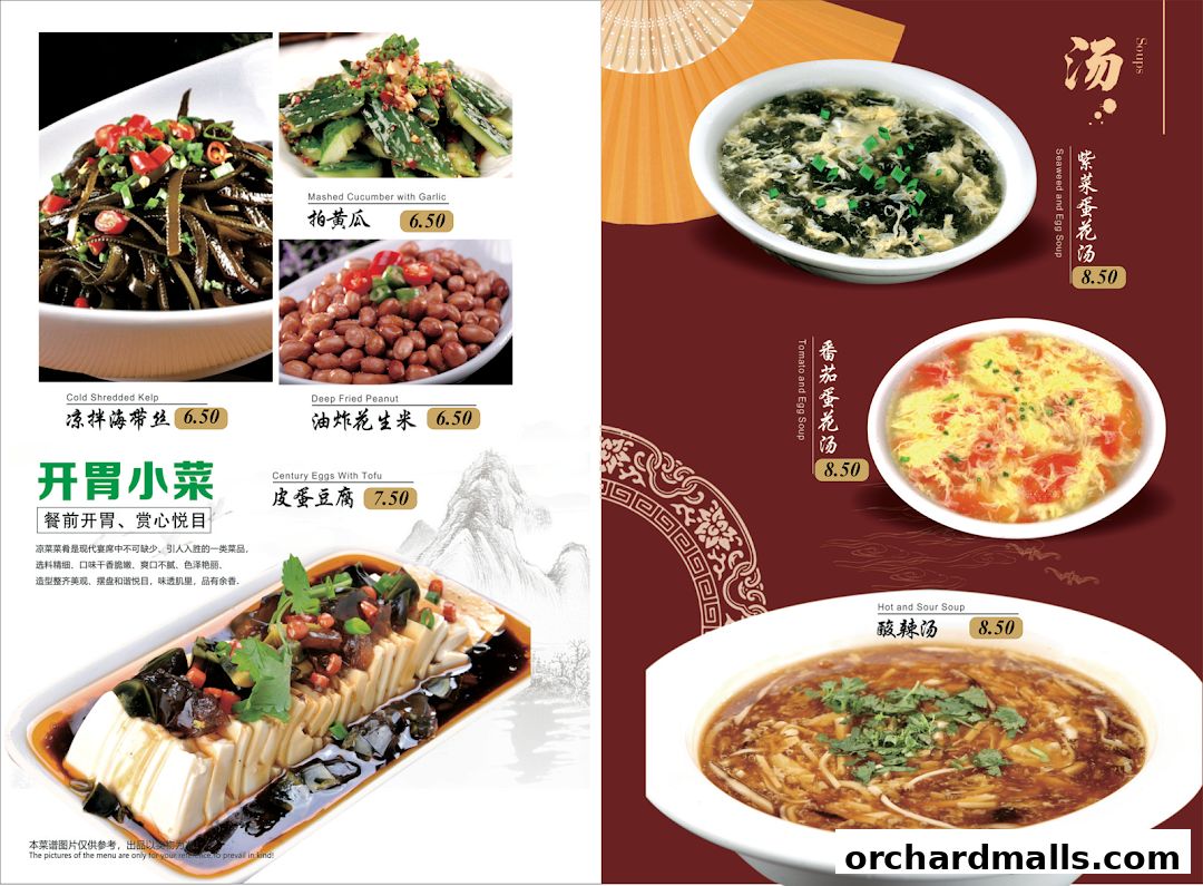 A menu showcasing various Chinese dishes including appetizers and soups with prices.