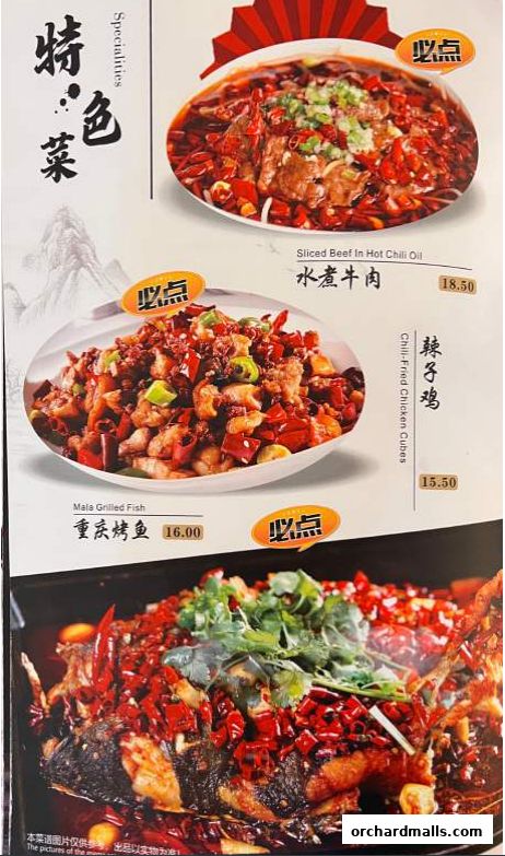 A menu showcasing spicy Chinese dishes with vibrant images and prices.