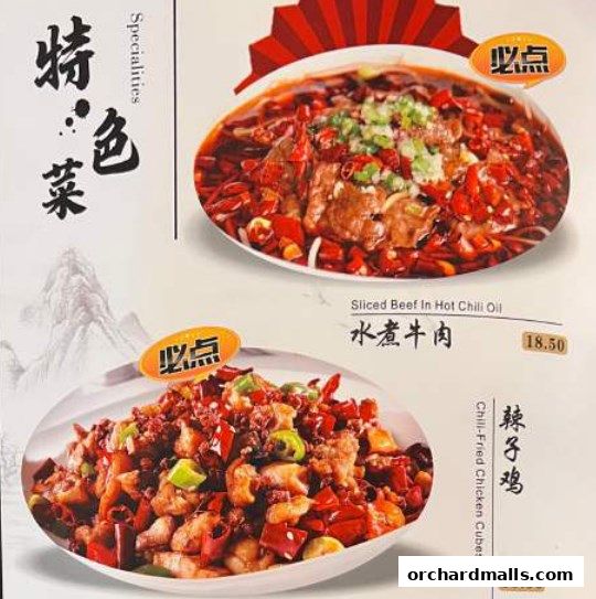 A menu showcasing spicy Chinese dishes, including beef and chicken.