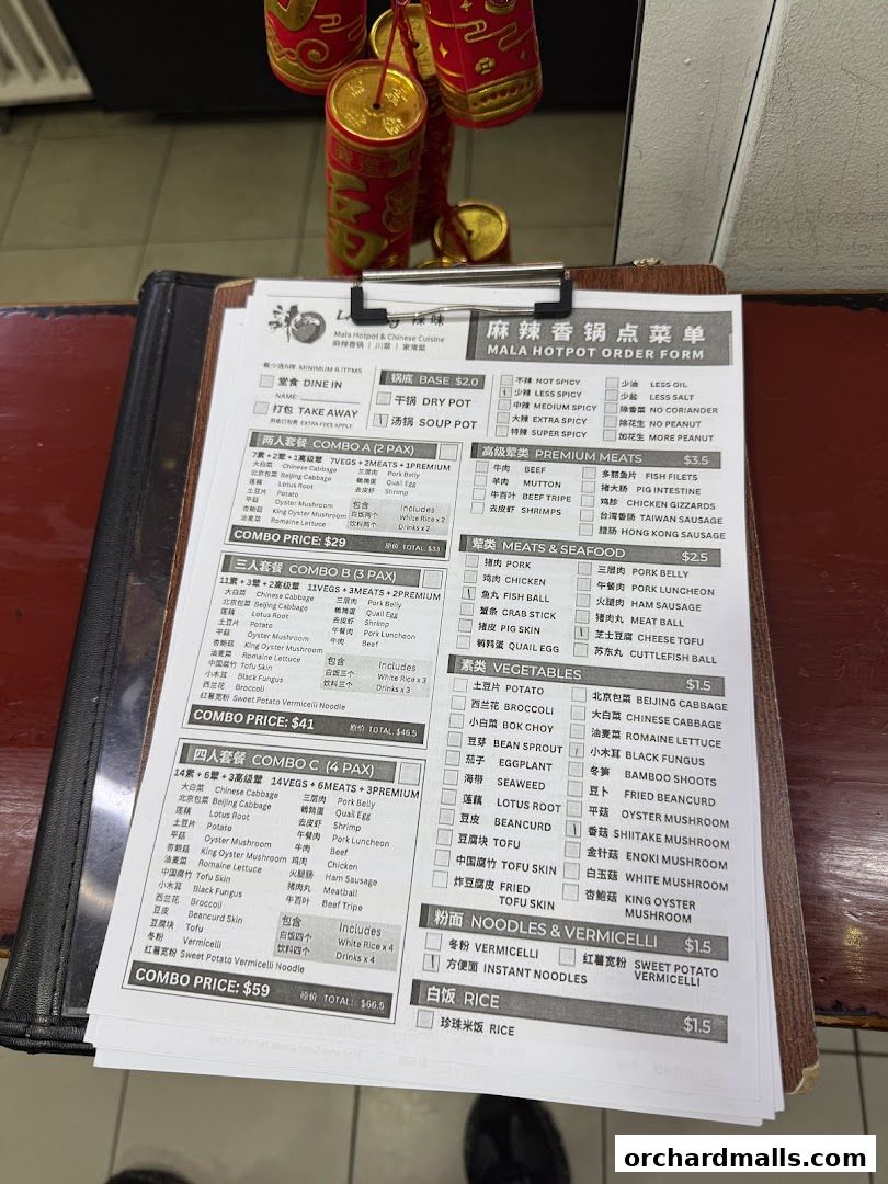 A menu for Mala Hotpot & Chinese Cuisine with various combo options and a la carte items.