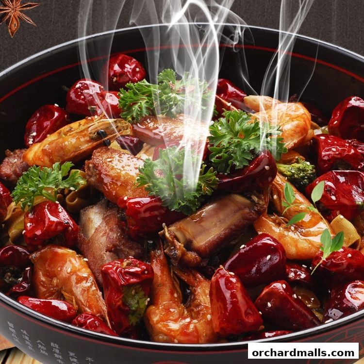 A steaming bowl of spicy Sichuan-style dish with shrimp, ribs, and dried chilies.
