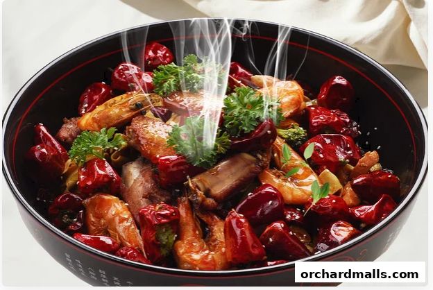 A steaming bowl of spicy Sichuan-style stir-fry with shrimp, ribs, and dried chilies.