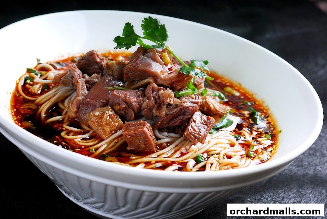 A close-up shot of a steaming bowl of beef noodles with rich broth and fresh cilantro.