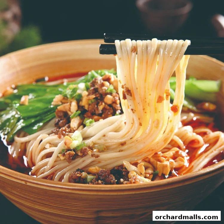 A close-up shot of a steaming bowl of noodles with minced meat and vegetables.