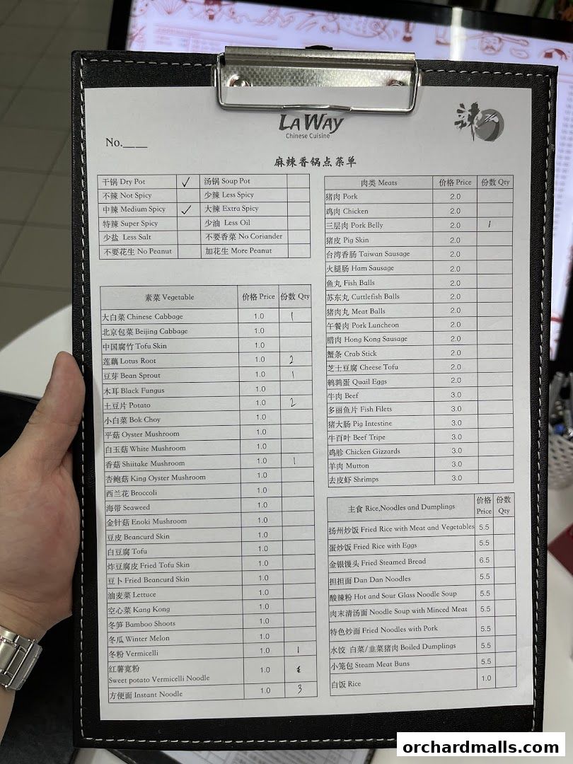 A menu for La Way Chinese Cuisine, featuring dry pot, soup pot, meats, vegetables, and rice dishes.