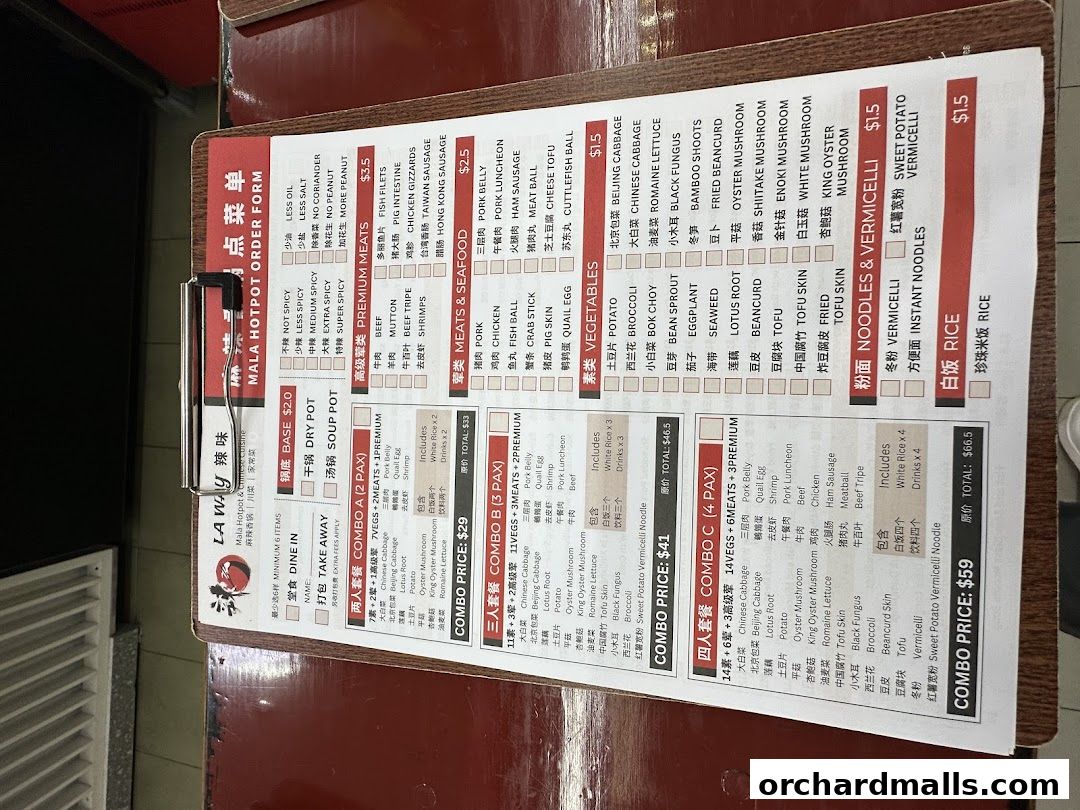 A menu for La Way Mala Hotpot & Chinese Cuisine, featuring hotpot ingredients and combo meals.
