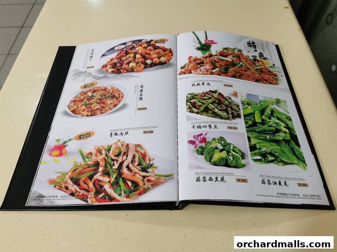A menu open to two pages, showcasing various Chinese dishes with images and prices.