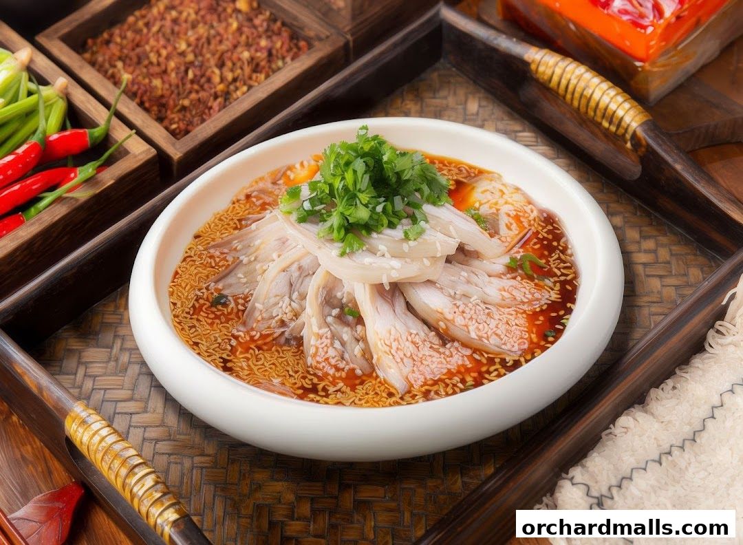 A close-up of a spicy Sichuan dish with thinly sliced meat and noodles.