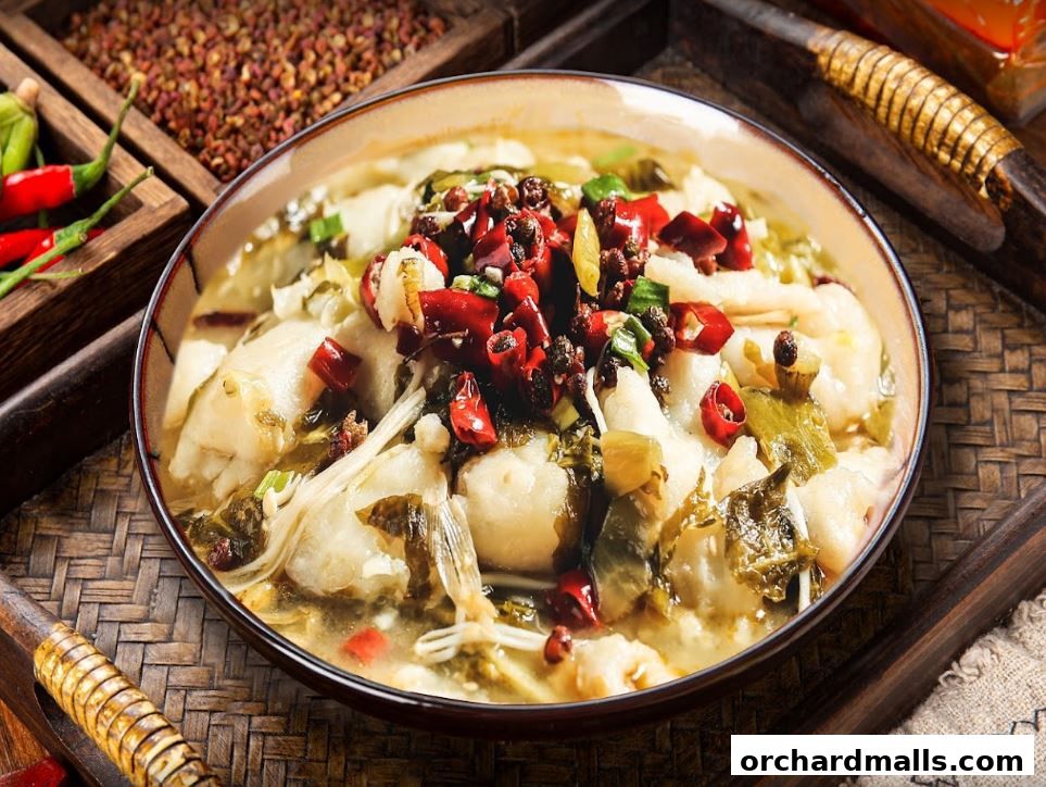 A close-up of a spicy Sichuan fish dish with chili peppers and pickled vegetables.