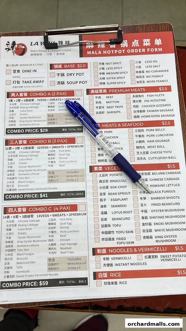 A close-up of a Mala Hotpot order form with various combo meal options and ingredients listed.
