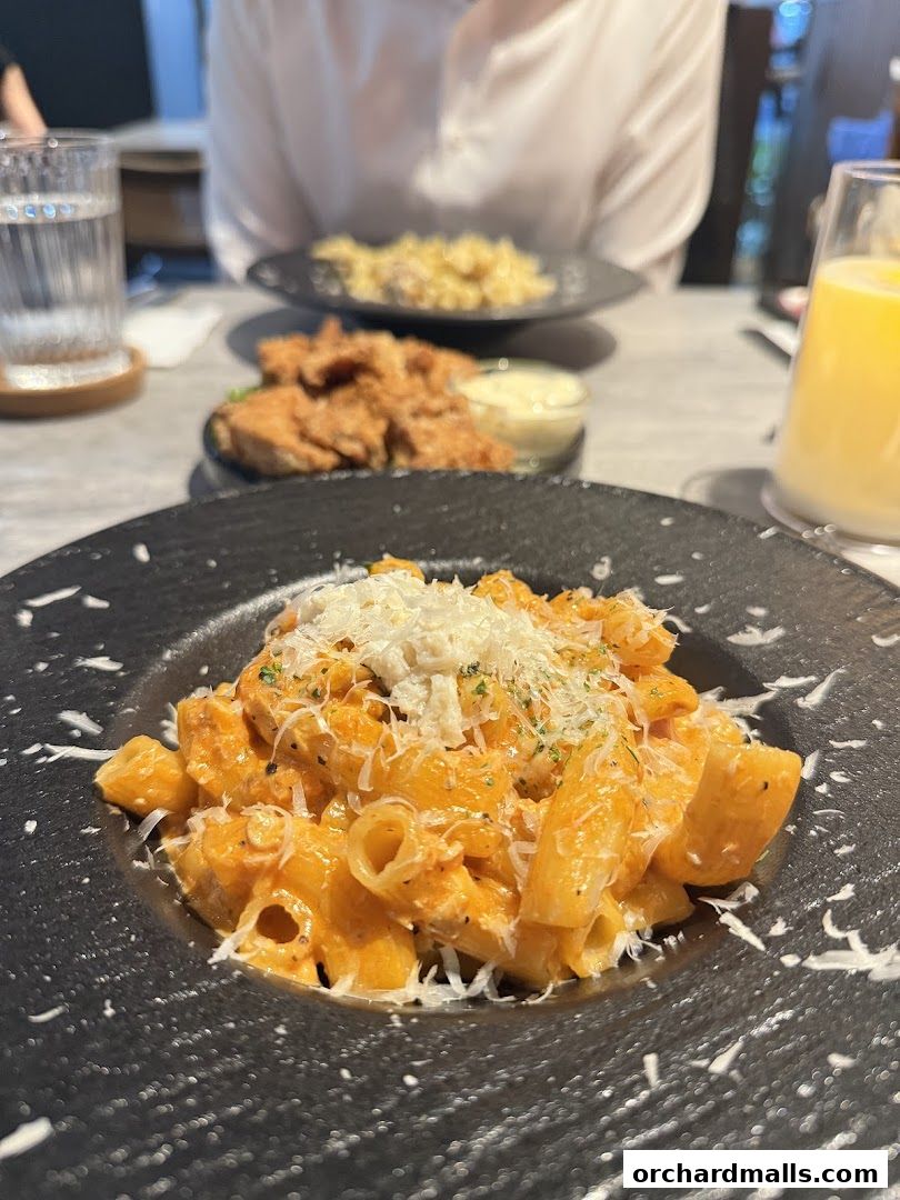 A close-up of a creamy pasta dish topped with cheese and herbs, with other food and drinks in the background.