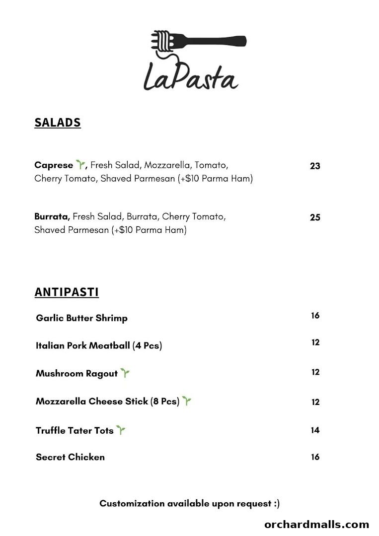 A menu from LaPasta featuring salads and antipasti with prices.