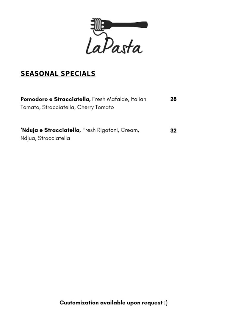 Menu page for LaPasta
