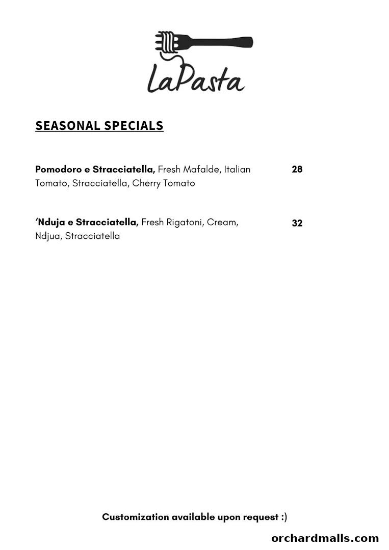 LaPasta's seasonal specials menu featuring two pasta dishes with descriptions and prices.