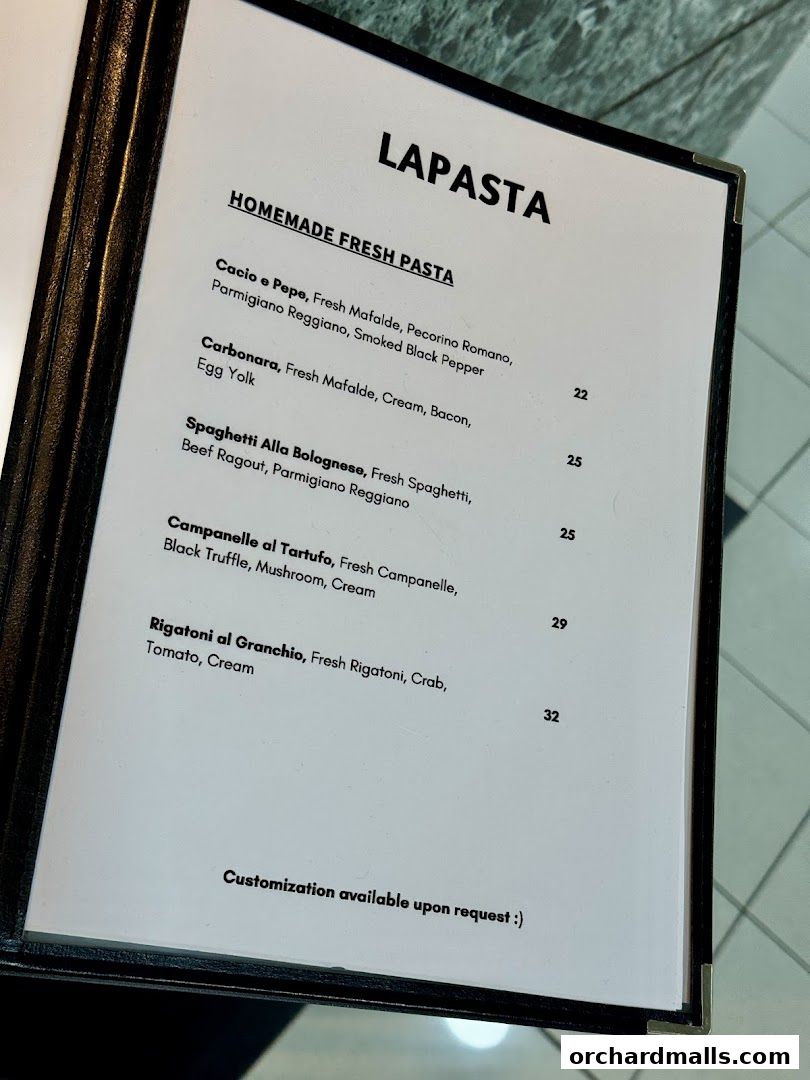 A menu from LaPasta featuring homemade fresh pasta dishes with descriptions and prices.
