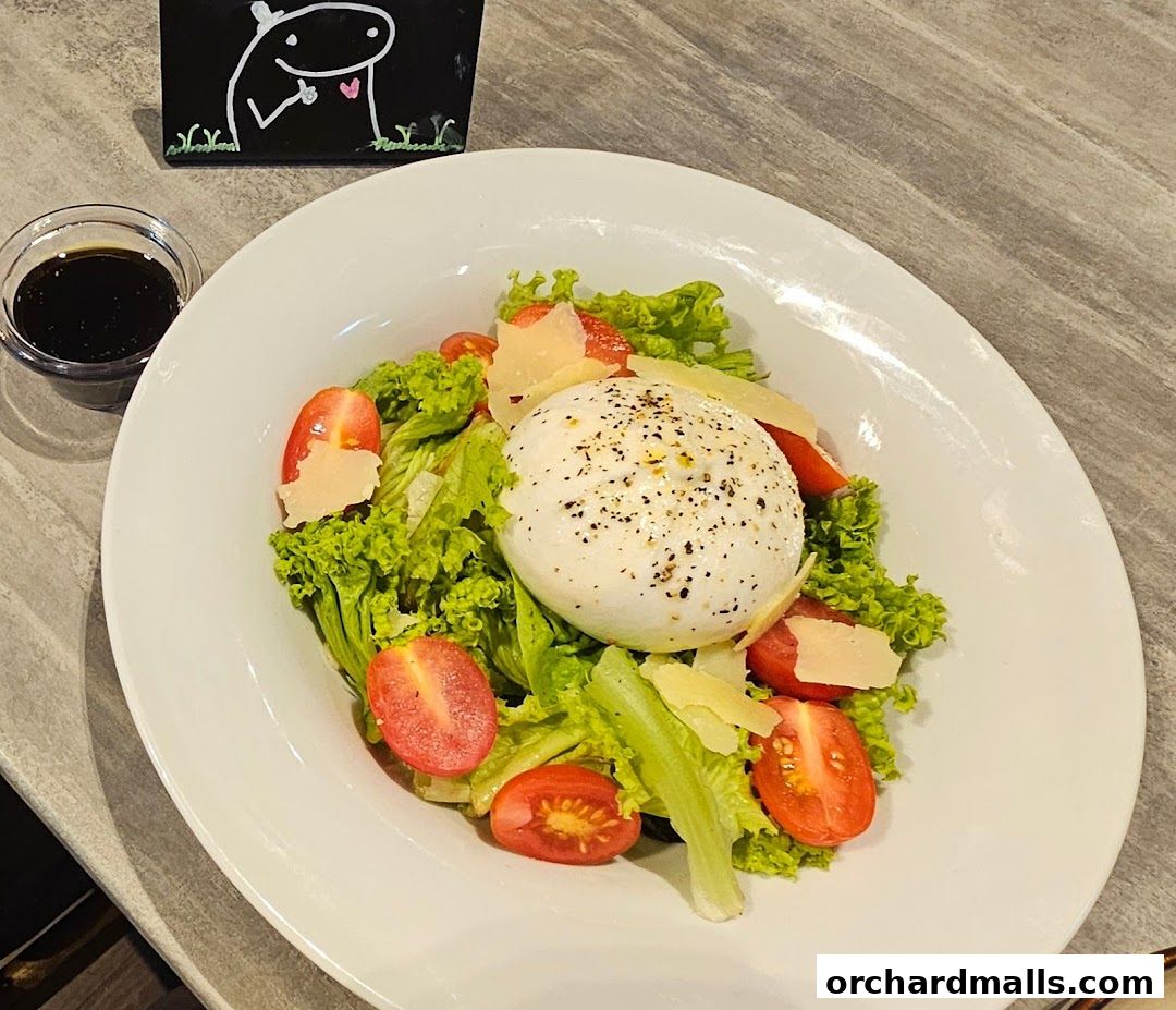 A fresh burrata salad with cherry tomatoes and shaved parmesan cheese, served with a side of dressing.