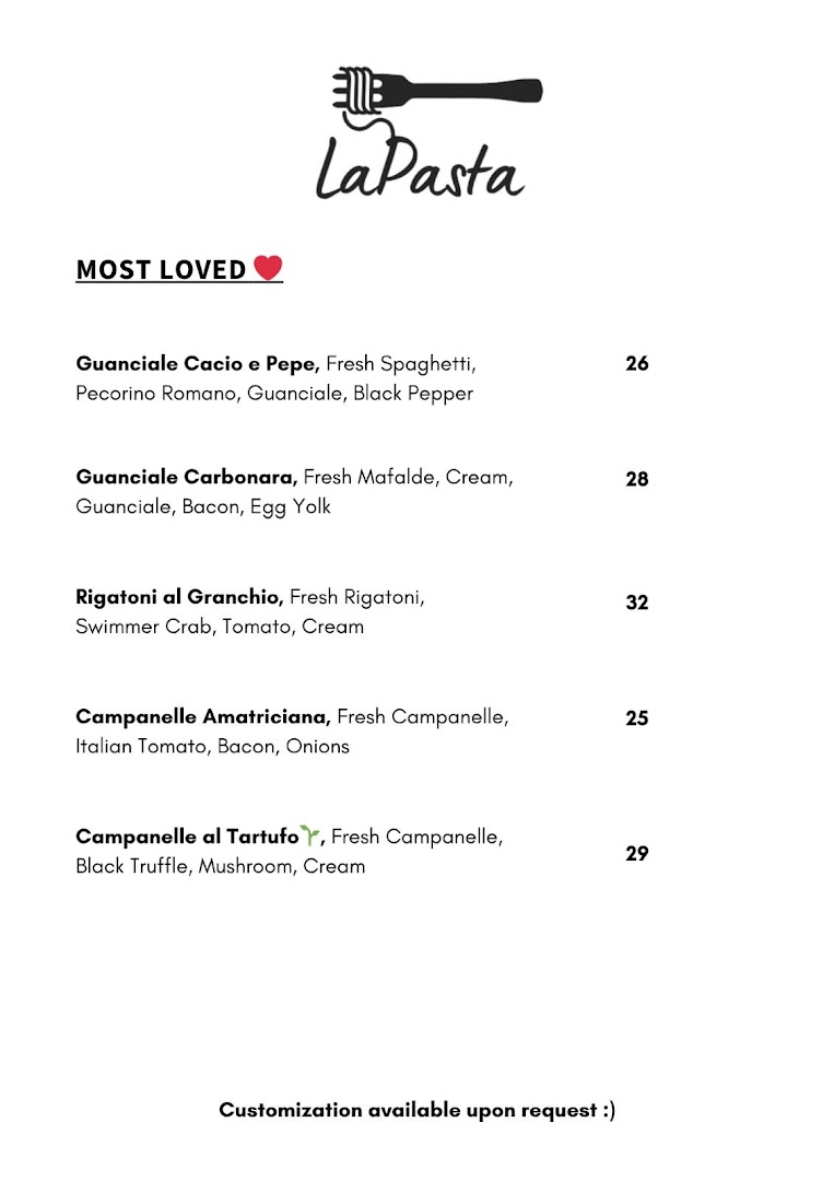 Menu page for LaPasta