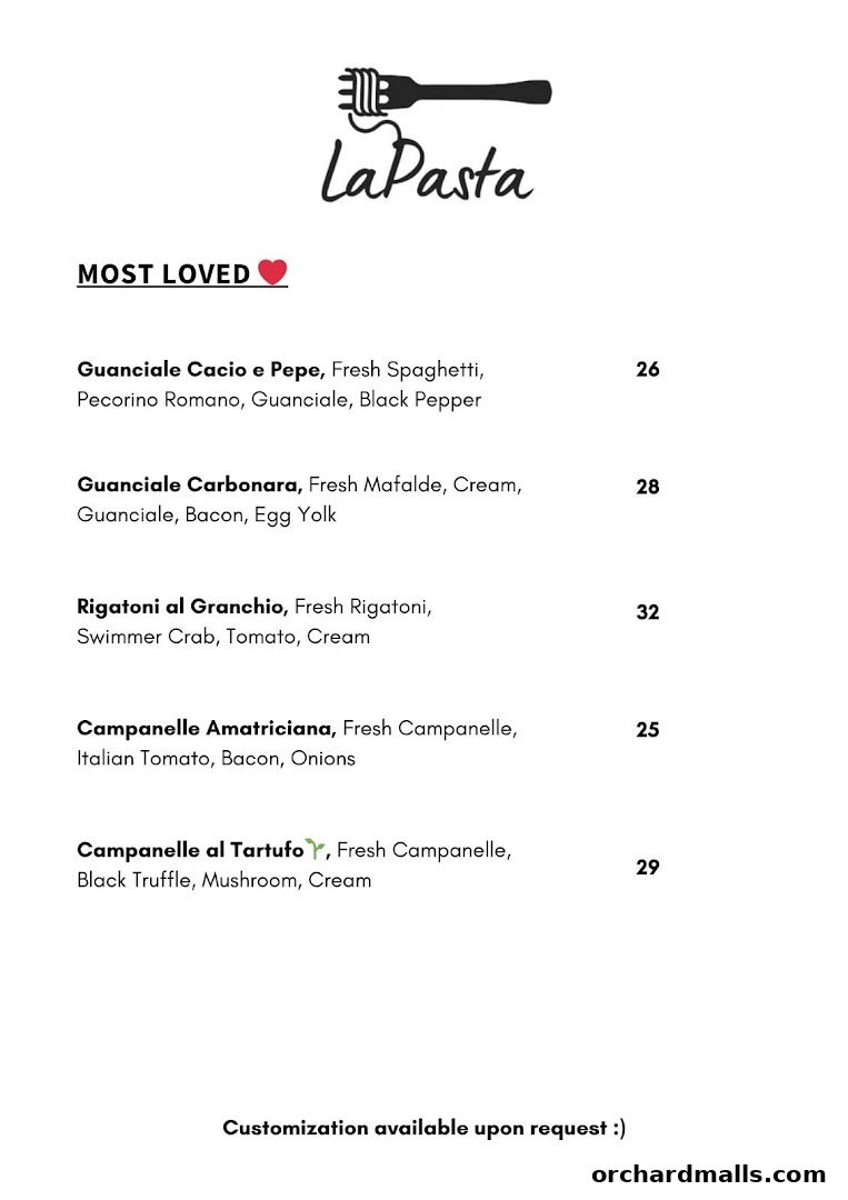 A menu from LaPasta featuring popular pasta dishes with ingredients and prices.