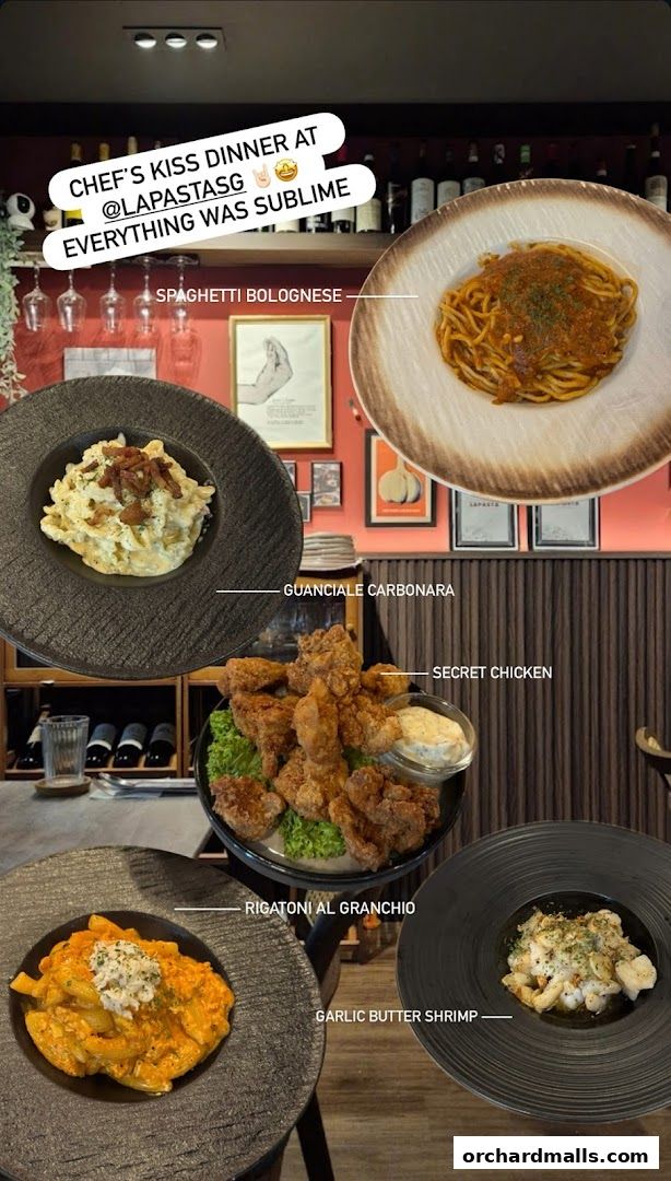 A collage of delicious pasta dishes and fried chicken from LaPasta.