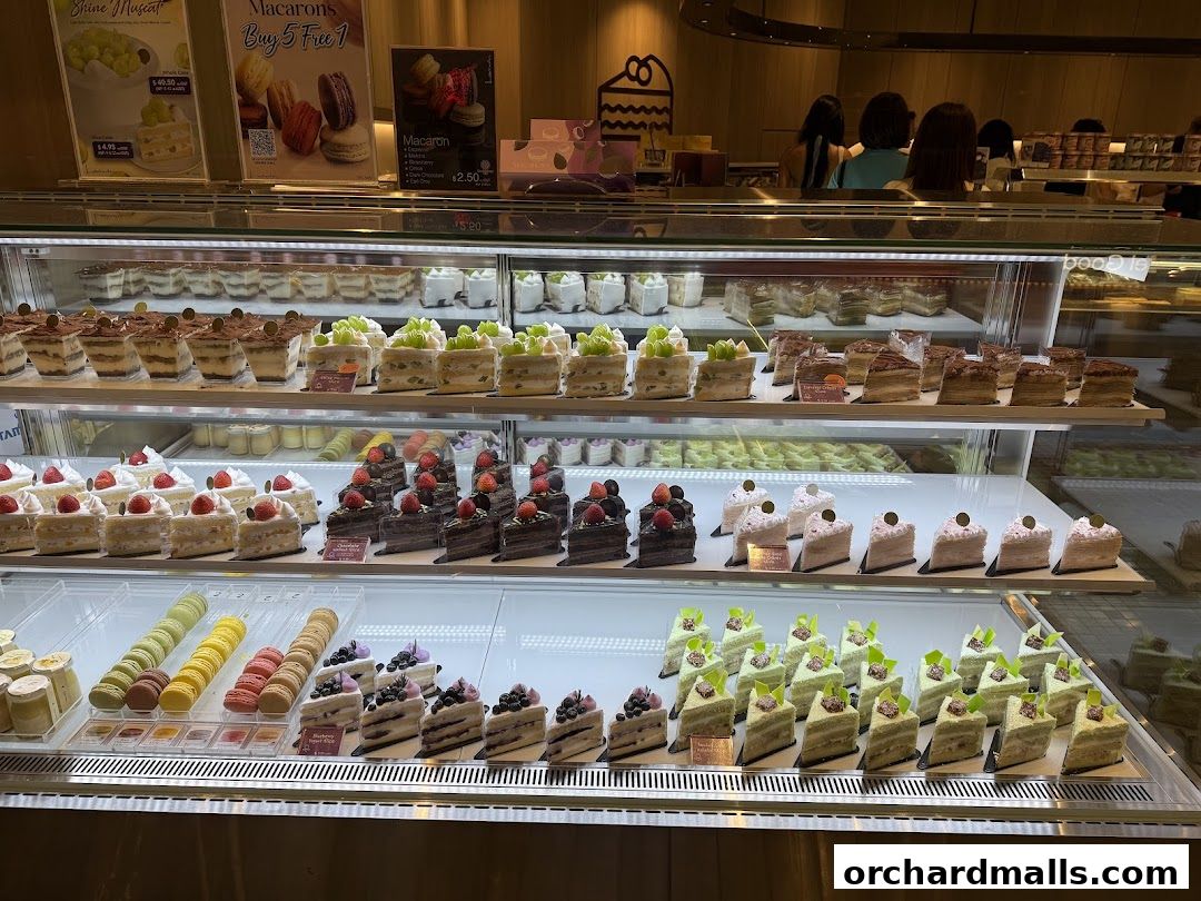 A display case filled with various cakes, pastries, and macarons at Lavender Bakery.