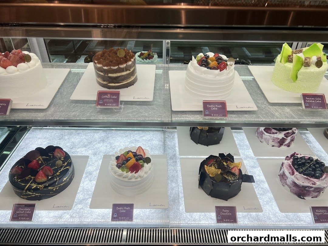 A display case filled with various beautifully decorated cakes from Lavender Bakery.