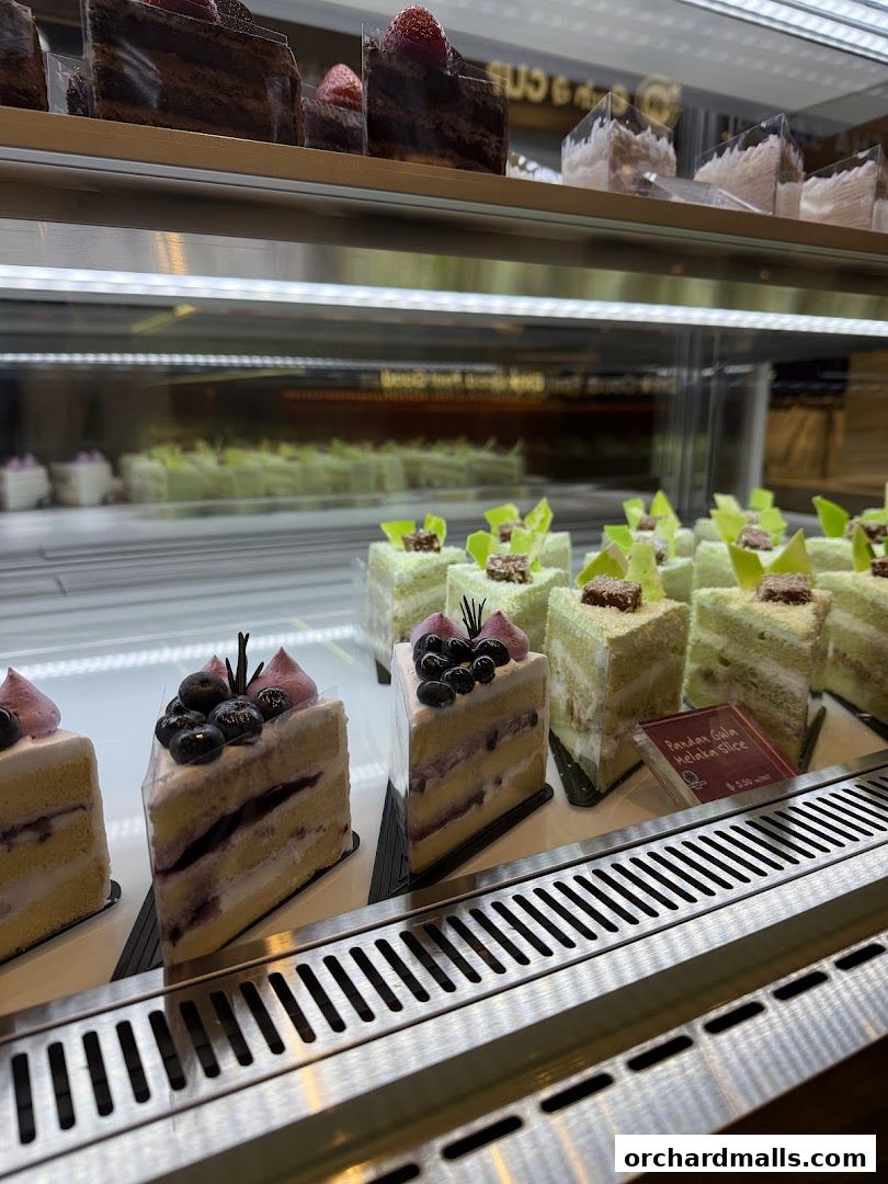 A display case filled with various slices of beautifully decorated cakes, including blueberry and green tea flavors.