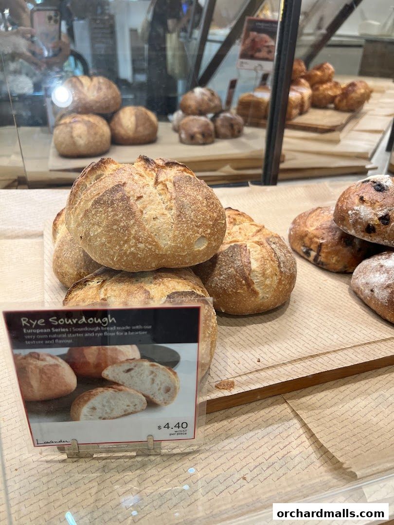 A display of freshly baked sourdough bread at Lavender Bakery.