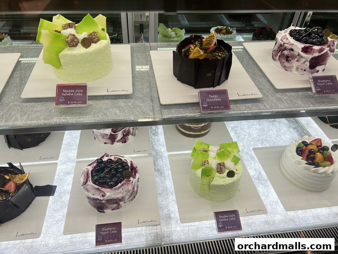 A display case filled with beautifully decorated cakes, including Pandan Gula Melaka and Blueberry Yogurt.