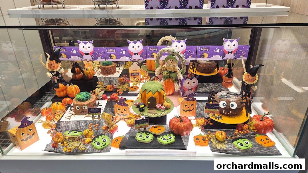 A bakery display case filled with Halloween-themed cakes and cookies.