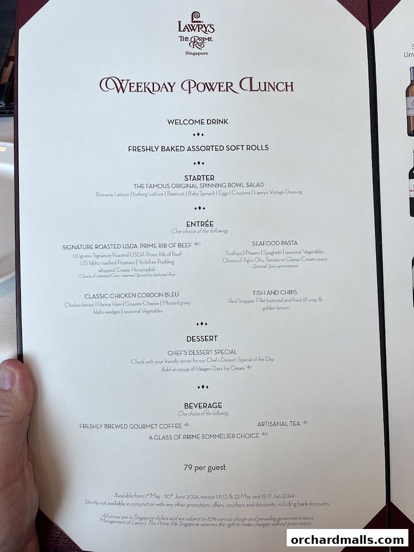 Menu page for Lawrys The Prime Rib Singapore
