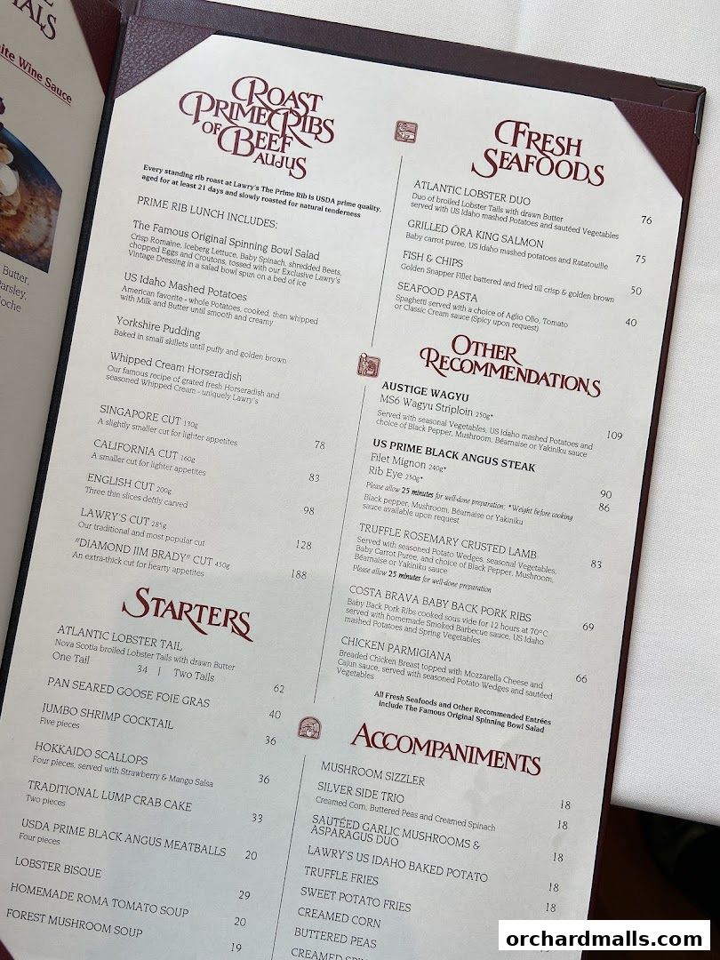 Menu page for Lawrys The Prime Rib Singapore
