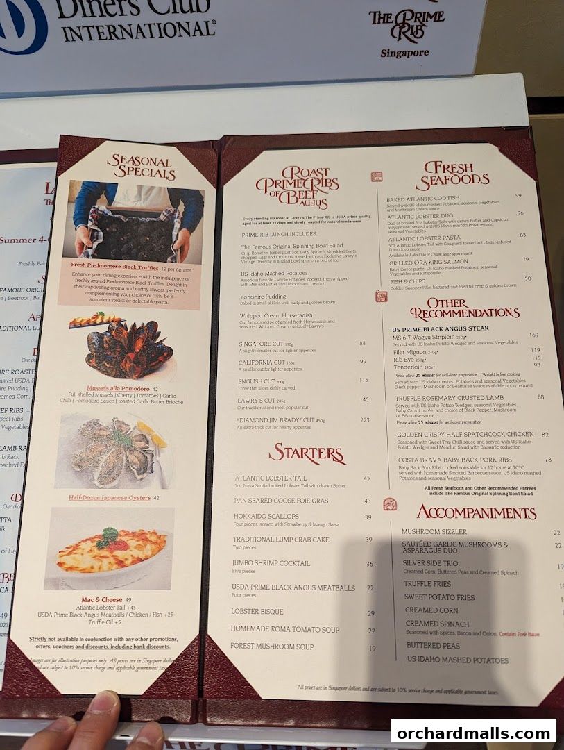 Menu page for Lawrys The Prime Rib Singapore