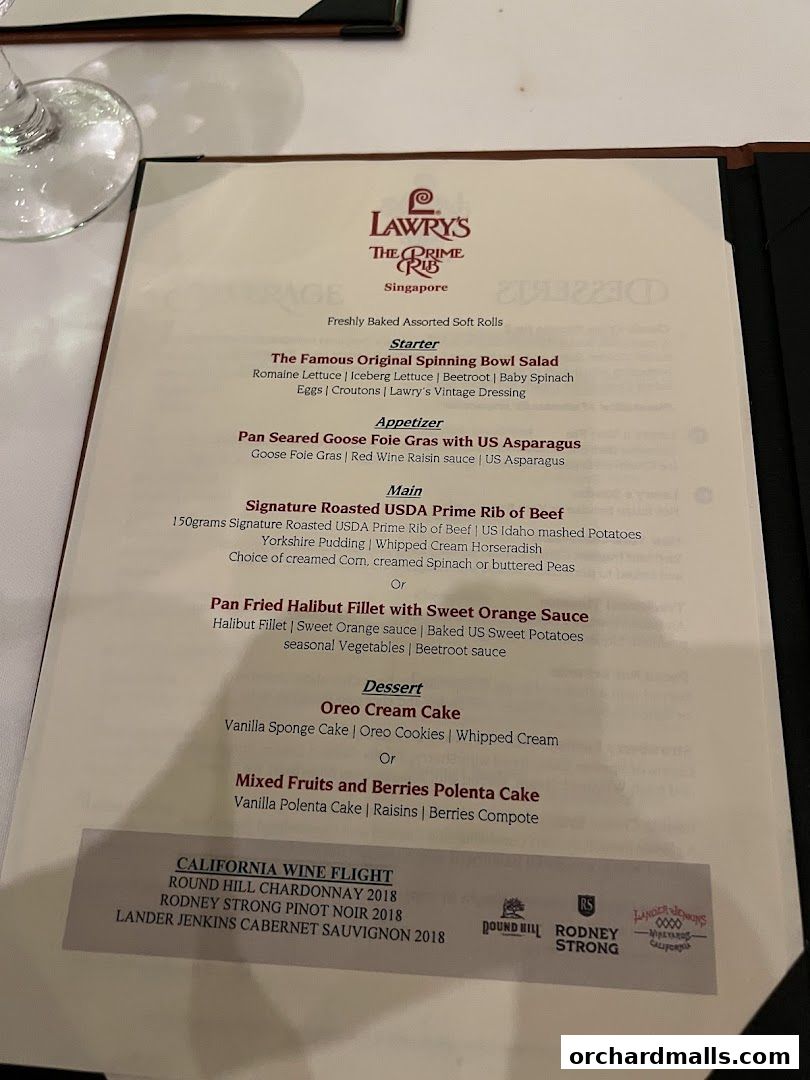 Menu page for Lawrys The Prime Rib Singapore